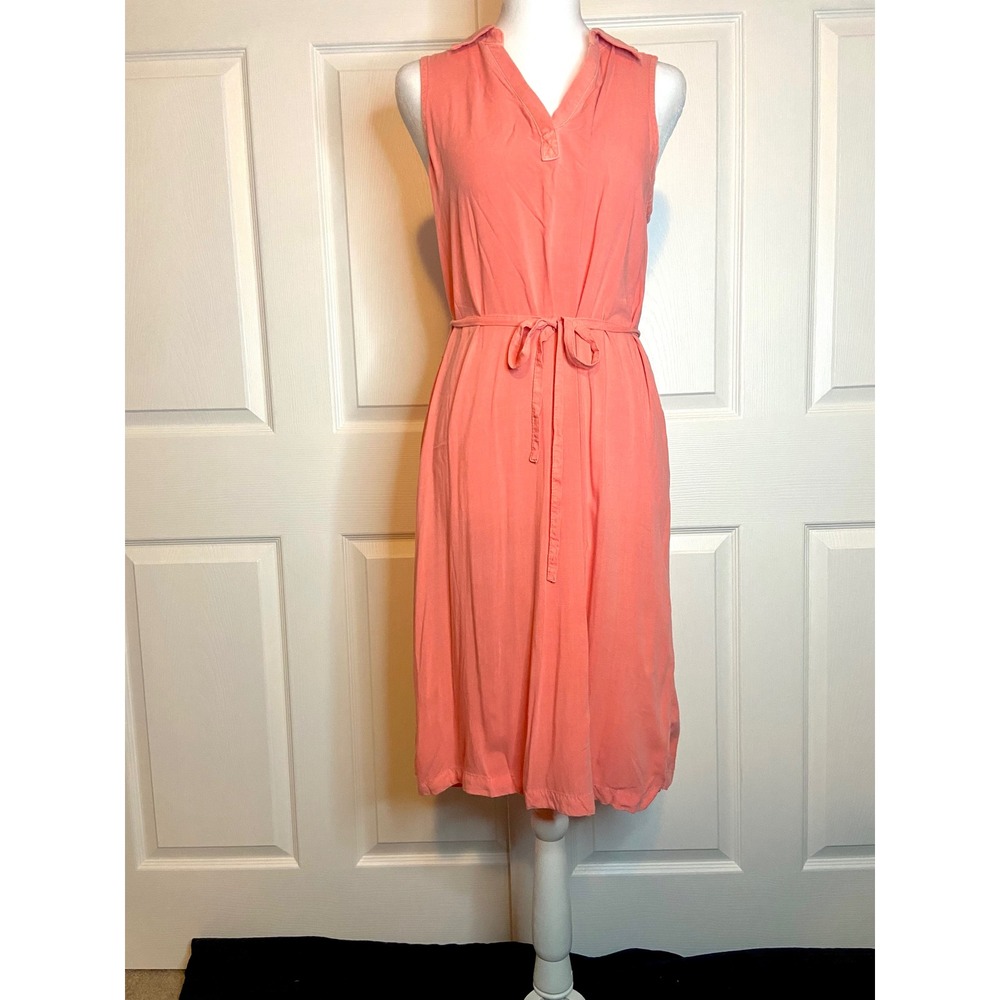Preppy Coral Pink Sleeveless Rayon Collar Midi Dress Tie Waist Small
